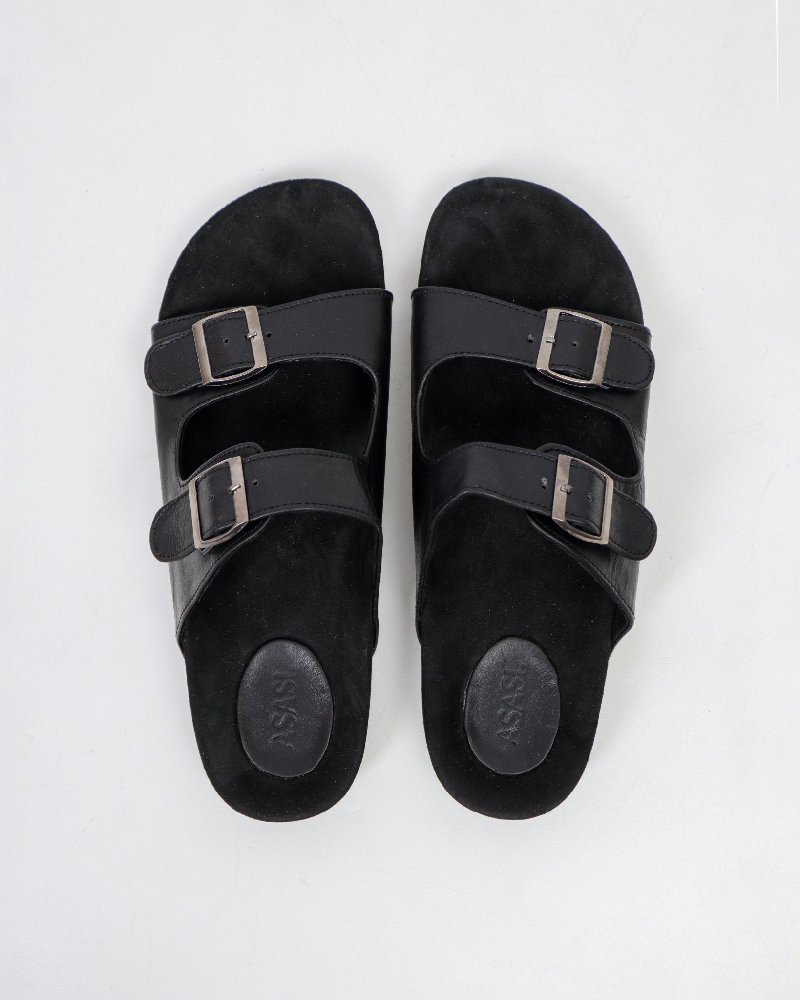 alt="Raven double strap sandals in black leather, two buckle straps, side profile."