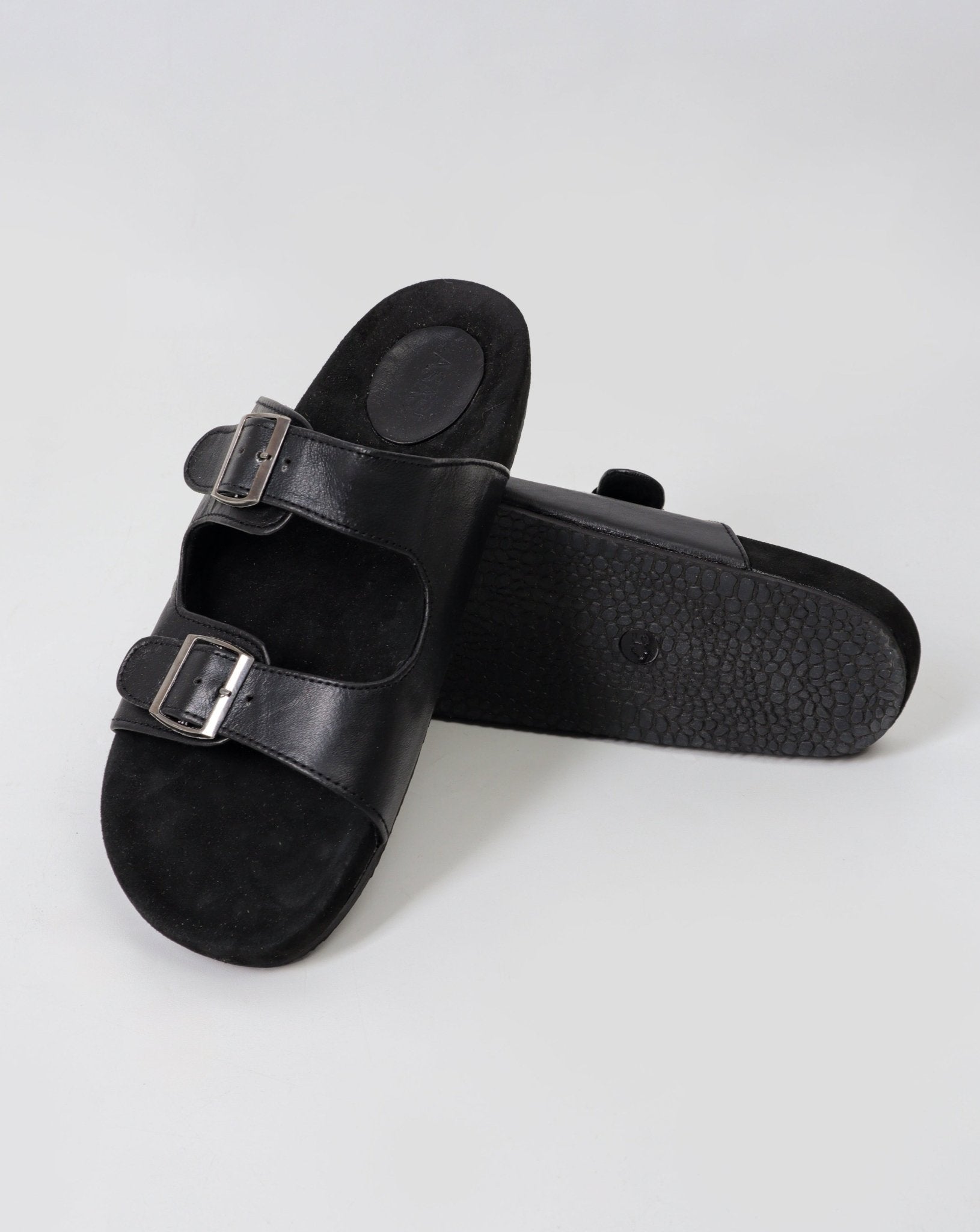 alt="Close-up of black leather straps and buckles on Raven sandals."