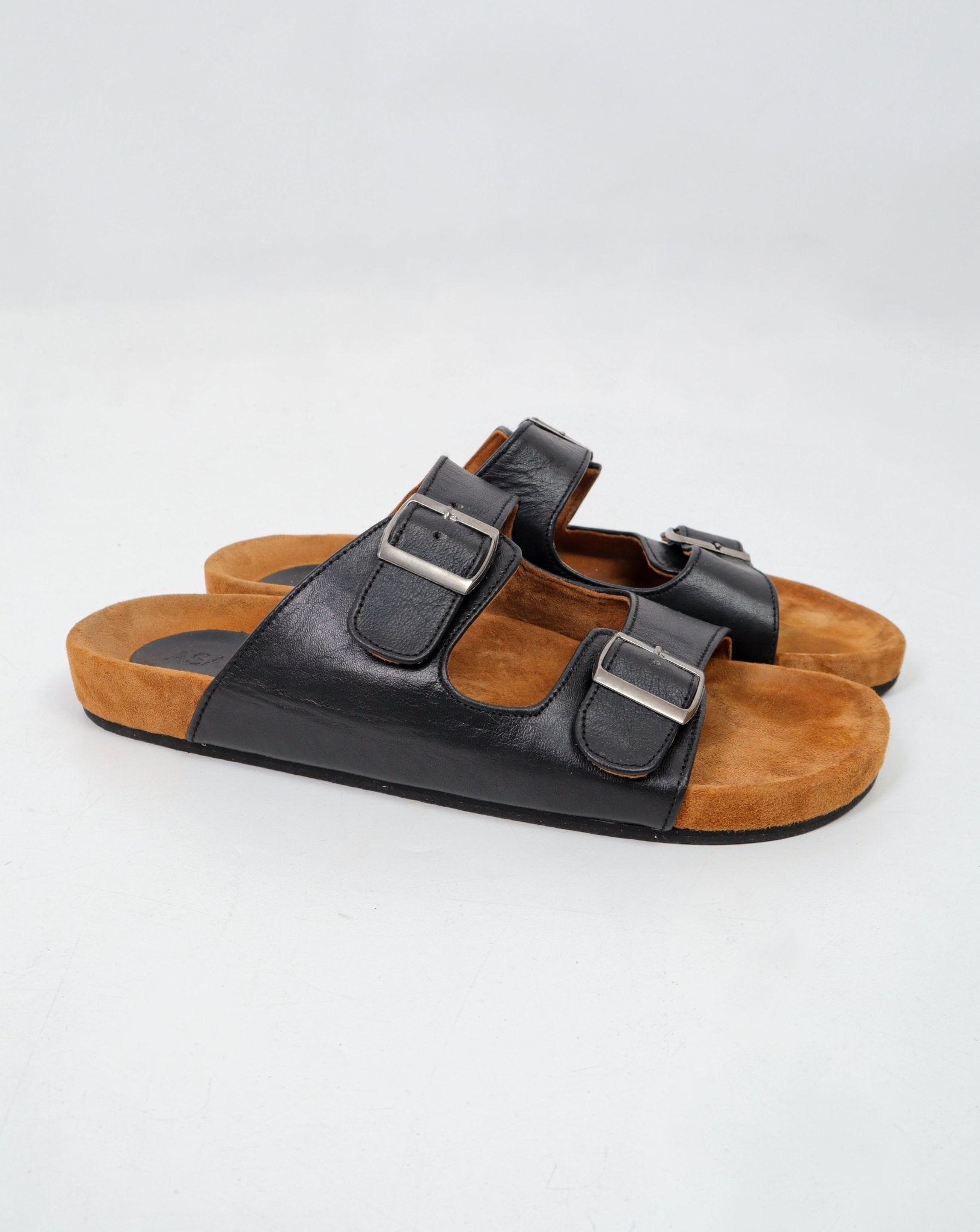 alt="Front view Stuttgart double strap sandals, brown leather with silver-tone hardware."