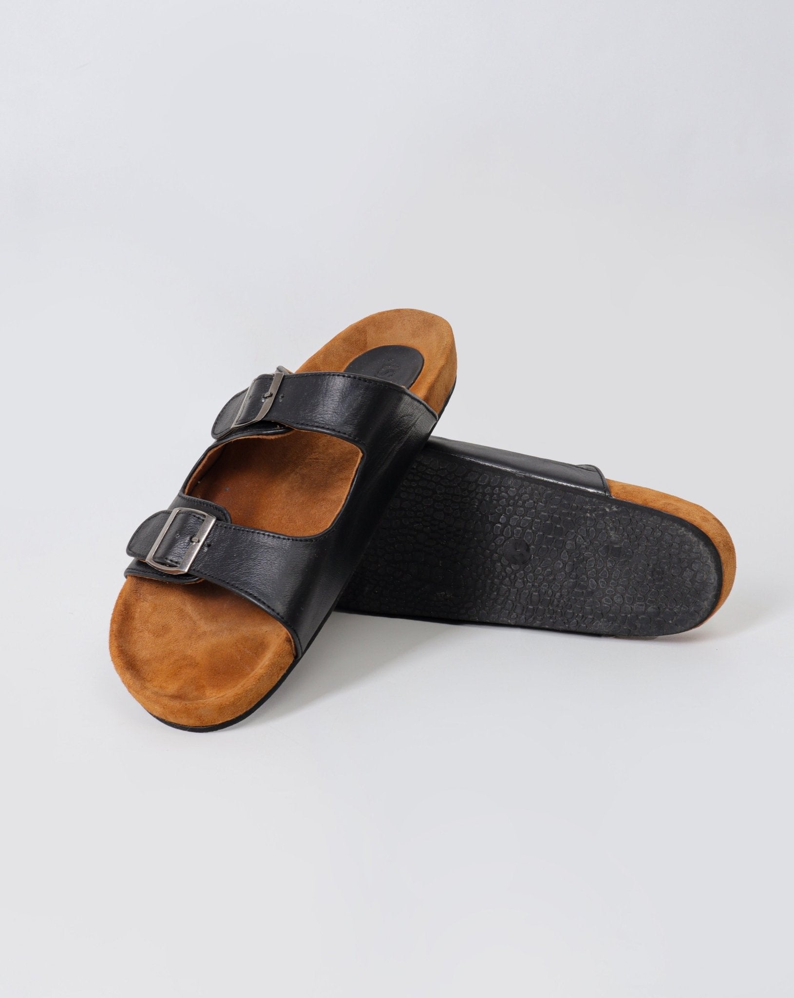 alt="Detail of brown leather straps and buckle on Stuttgart double strap sandals."