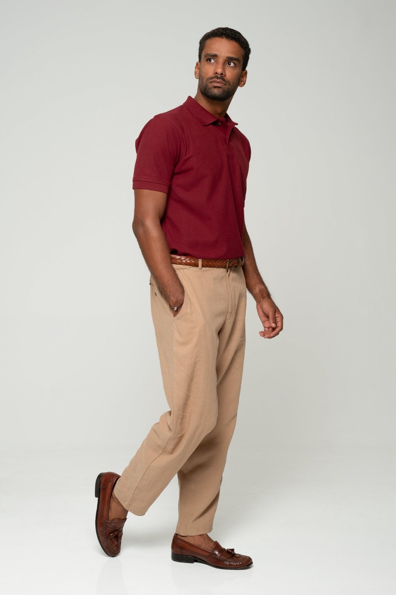 alt="Side view tobacco linen pants, mid-rise with drawstring and wide leg silhouette."