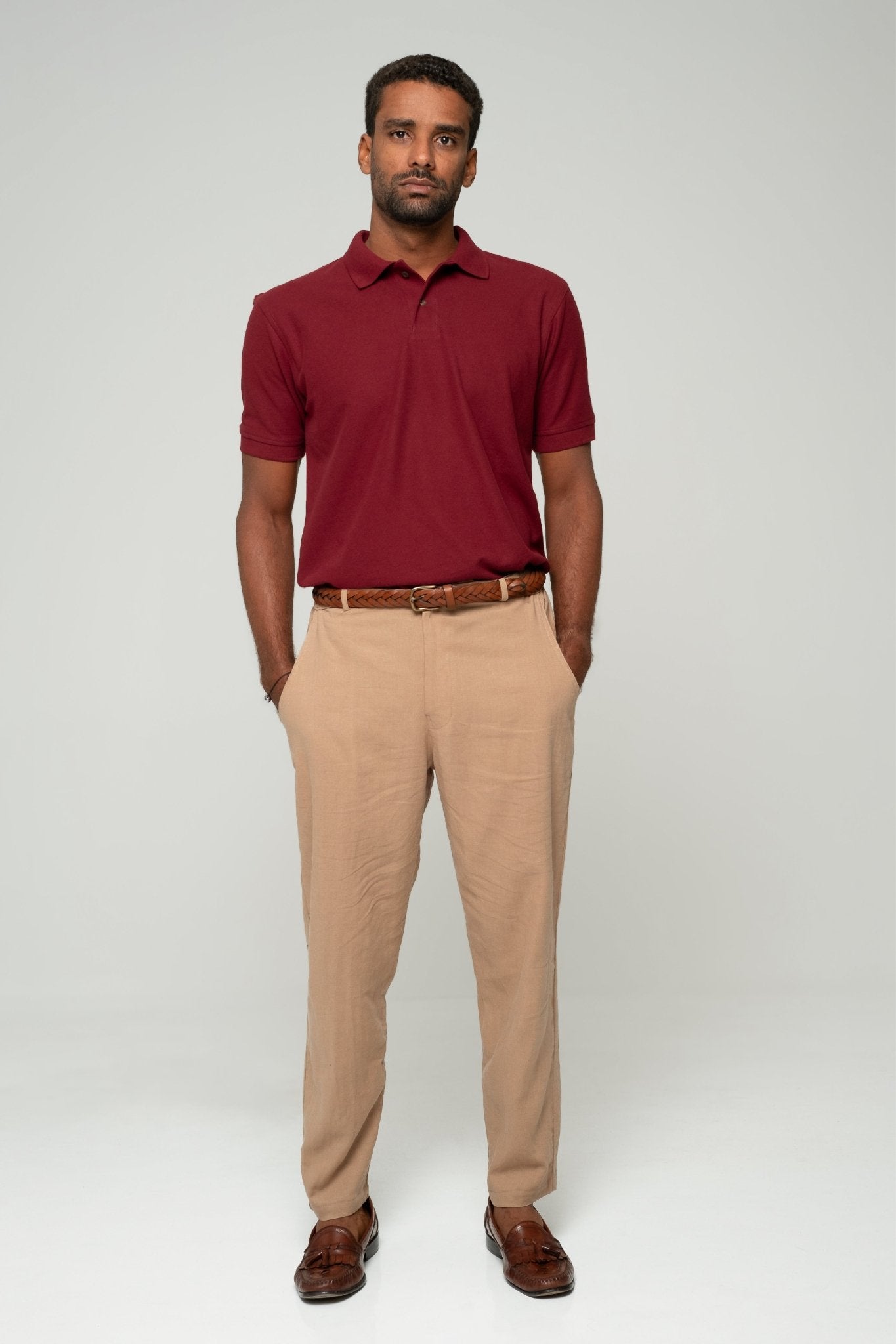 alt="Tobacco linen pants, earthy brown lightweight linen, relaxed fit, front view."
