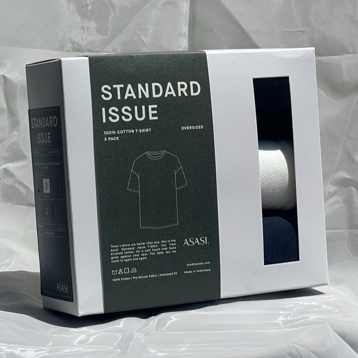 Packaging box for a t-shirt set with 'Standard Issue' branding on a gray background