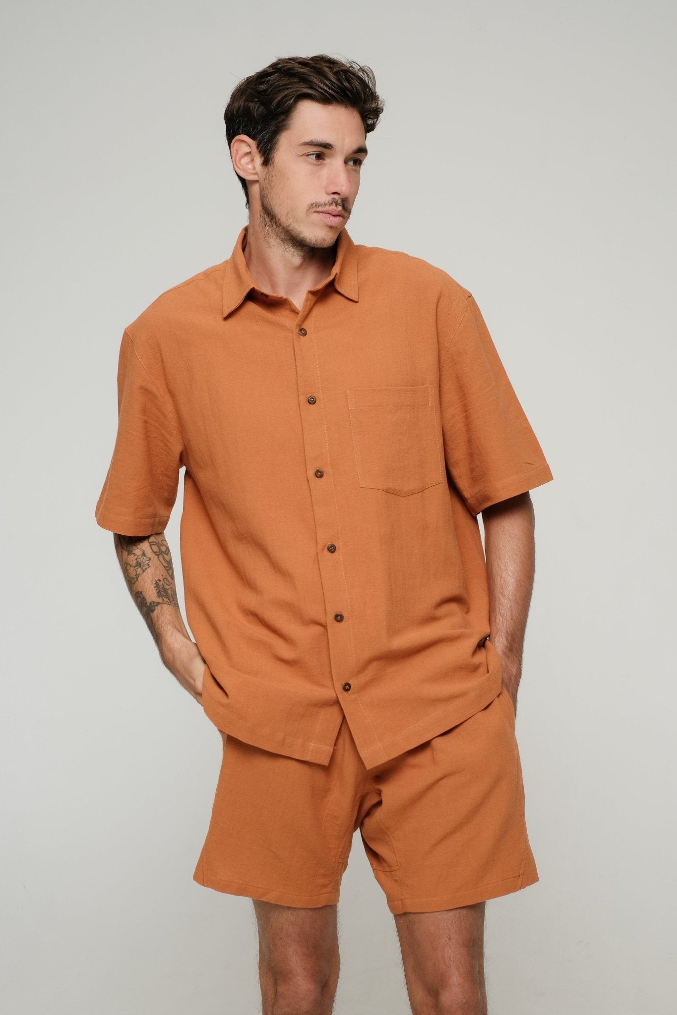 Introducing the Origin Set: Long &amp; Short Sleeve Shirts with Shorts in Black, Ocre, and Falmouth Pinstripe - Studioasasi