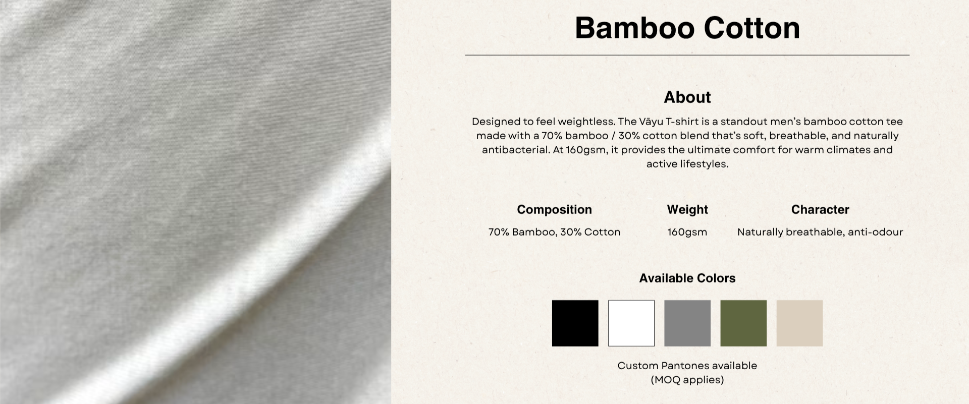Bamboo cotton fabric with product description and color options.