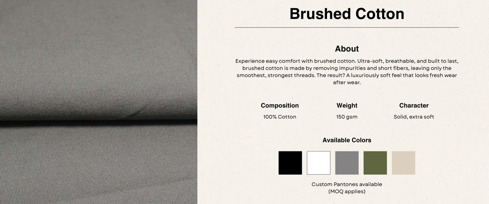 Gray fabric swatch with text on brushed cotton material properties.
